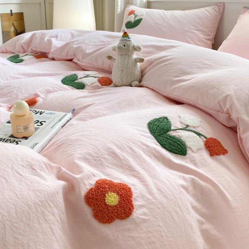 Cute Flower Embroidery Bedding Set Pink Girls Duvet Cover With Sheet Pillowcase Soft Washed Cotton Bed Linen Decor Home Textiles