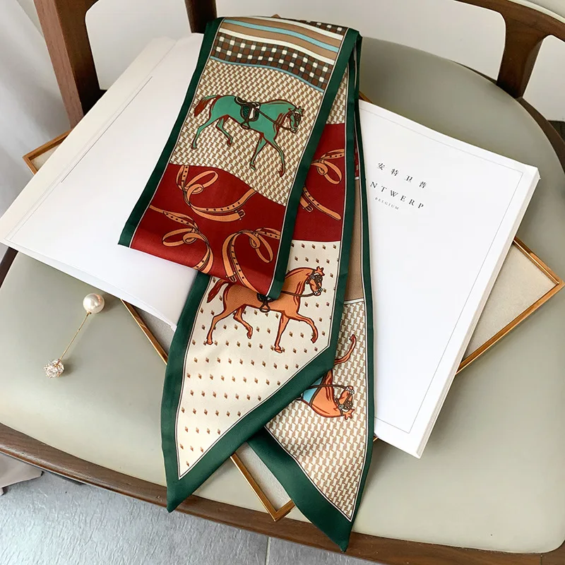 Long Silk Scarf Bag Tie Lady Neck Skinny Scarves Hairband Foulard Horse Print Brand Lady Neckerchief Ribbon 2024 Spring New