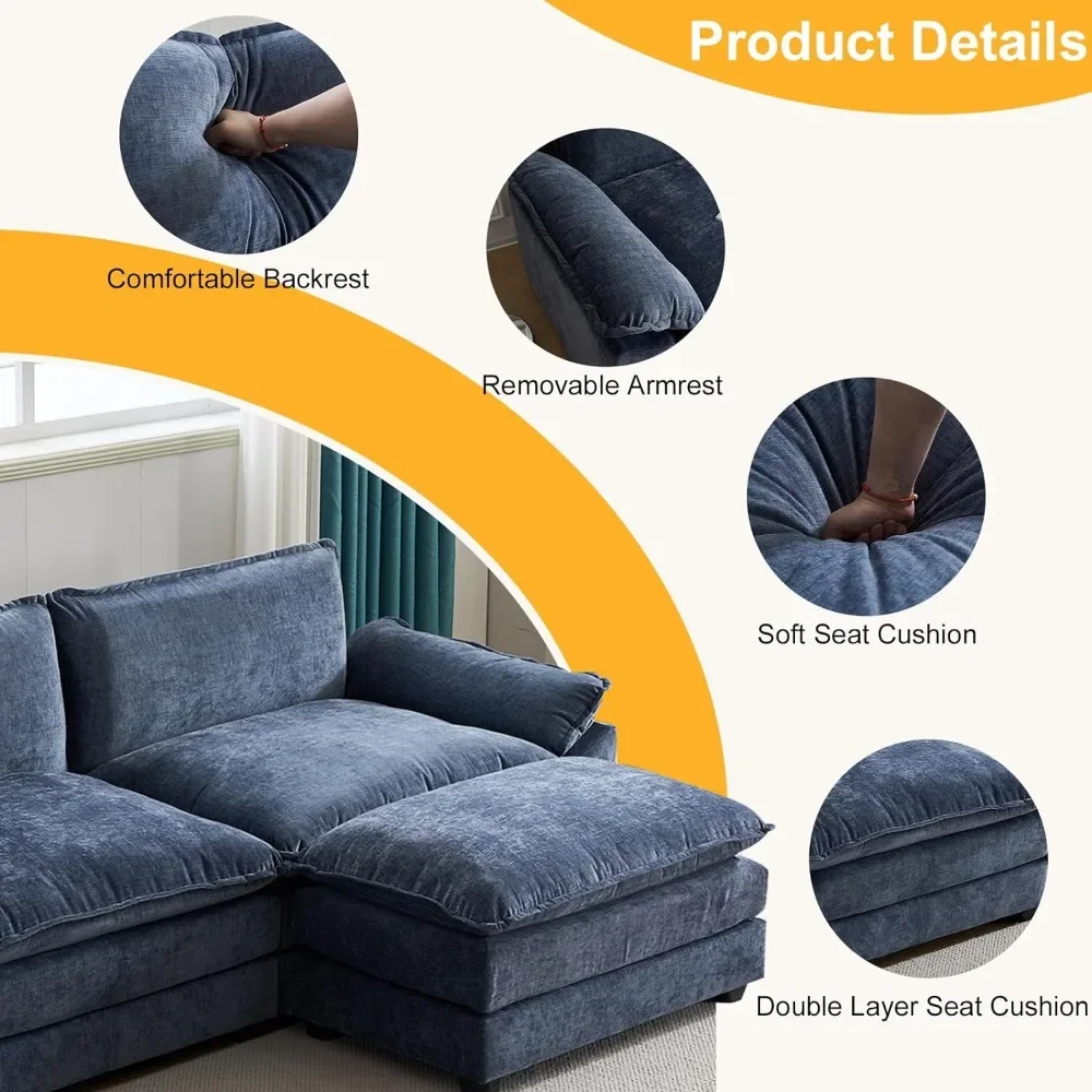 Modern Deep 3-Seat Sofa Couch with Ottoman, Chenille Sofa Sleeper Comfy for Living Room, Apartment, Studio, Office, Dusty-Blue