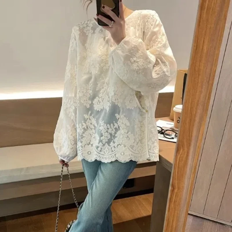 Spring Autumn Fashion Round Neck Long Sleeve Women\'s Clothing Shirts Embroidery Button Lace Sunscreen Chinese Style Y2K Blouses