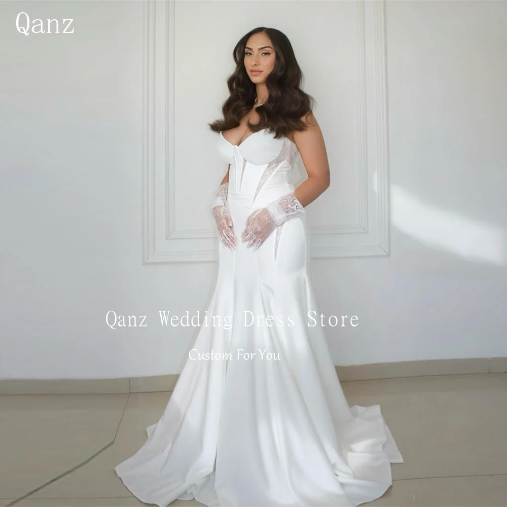 

Qanz Vintage Bweetheart Mermaid Wedding Dresses white satin Robe De Mariée Lace Sweep Strain Vestidos De Novia Customized
