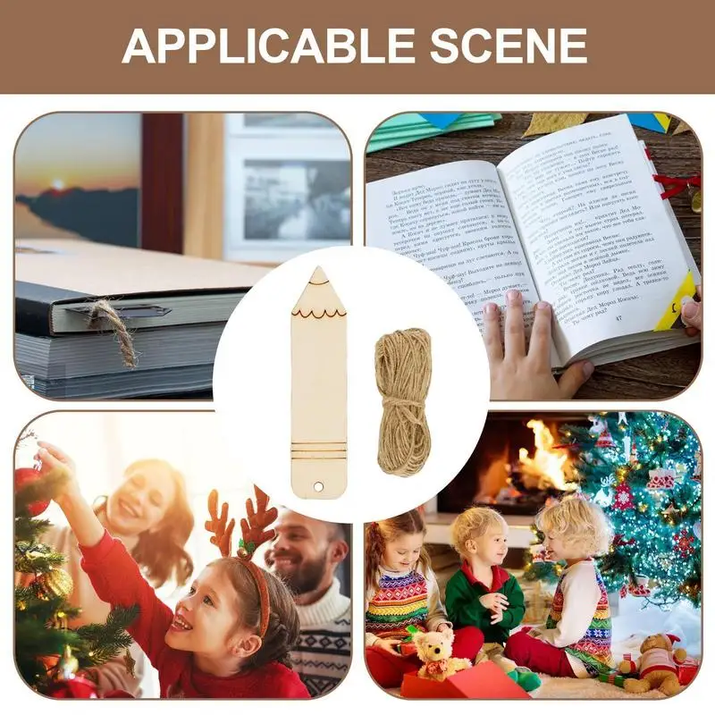 Wooden Bookmarks Blank DIY Wood Craft Blank Bookmarks Unfinished Wood Hang Tags with Holes and Ropes Rectangle Blank Bookmark