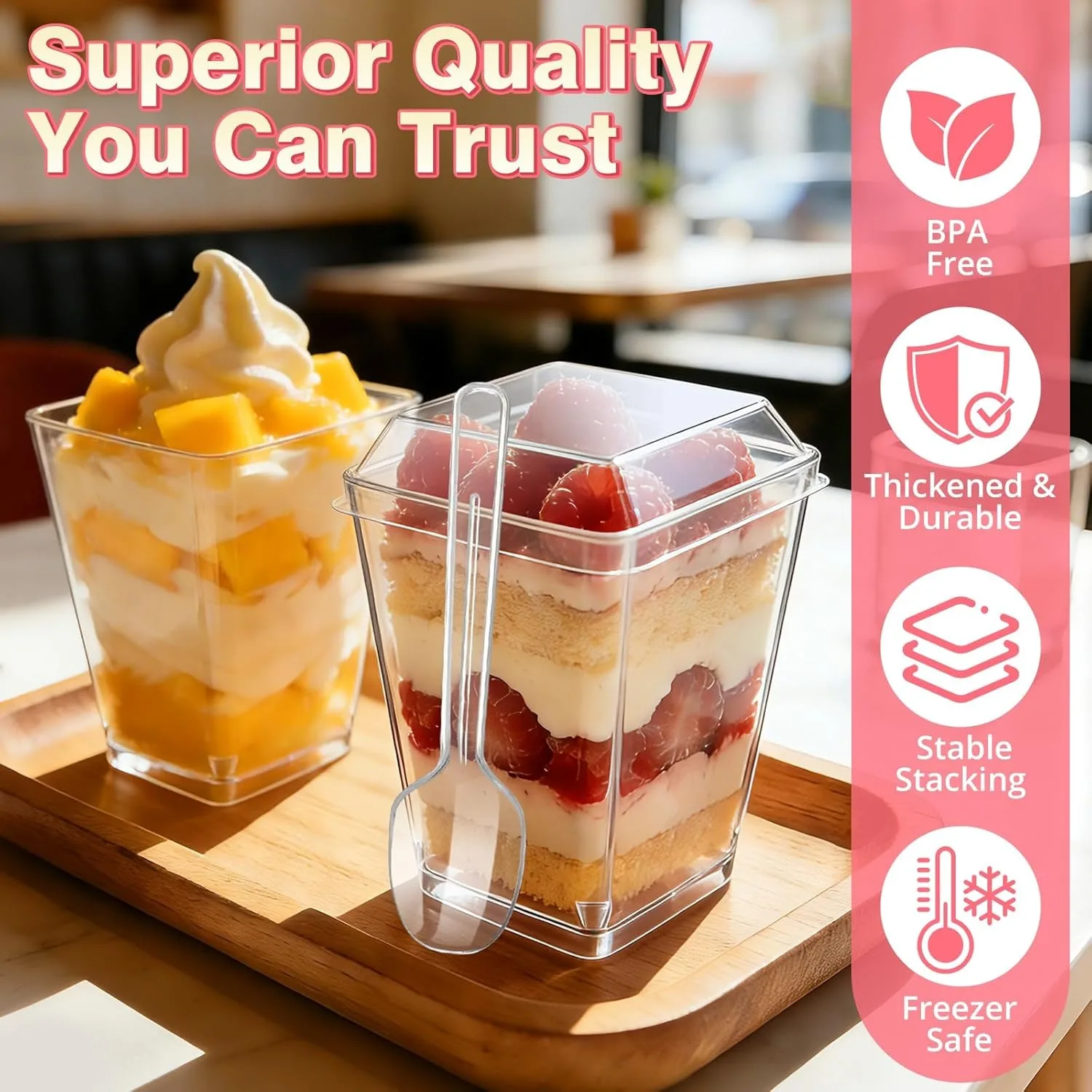 50 Pack 5 Oz Clear Plastic Dessert Cups With Lids And Spoons For Your Party Dessert Table, Individual Mini Parfait Cups That Make Every Treat Look Beautiful, Transparent Design Shows Off Layered Puddings And Mousses