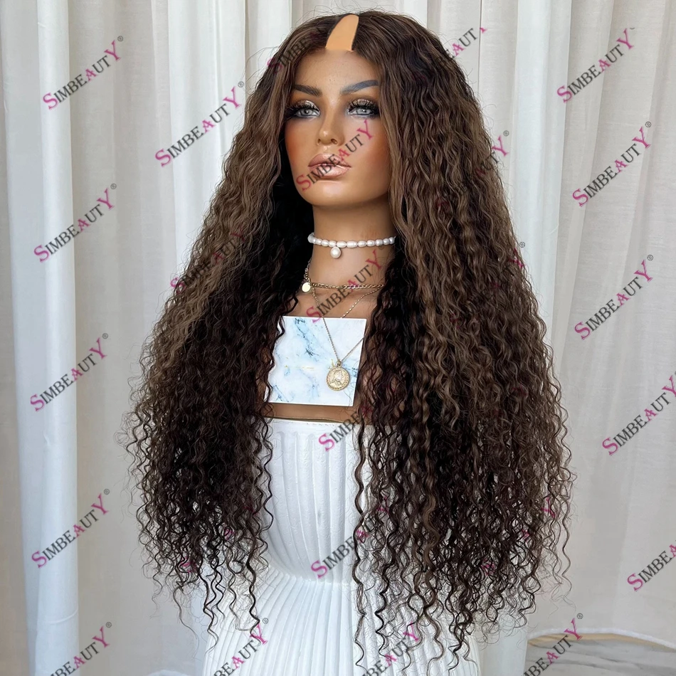 Human Hair Lowlight Kinky Curly 200 Density Brazilian Remy Hair 1X4 U Part Wig for Black Women Glueless V Part Wig with Clips