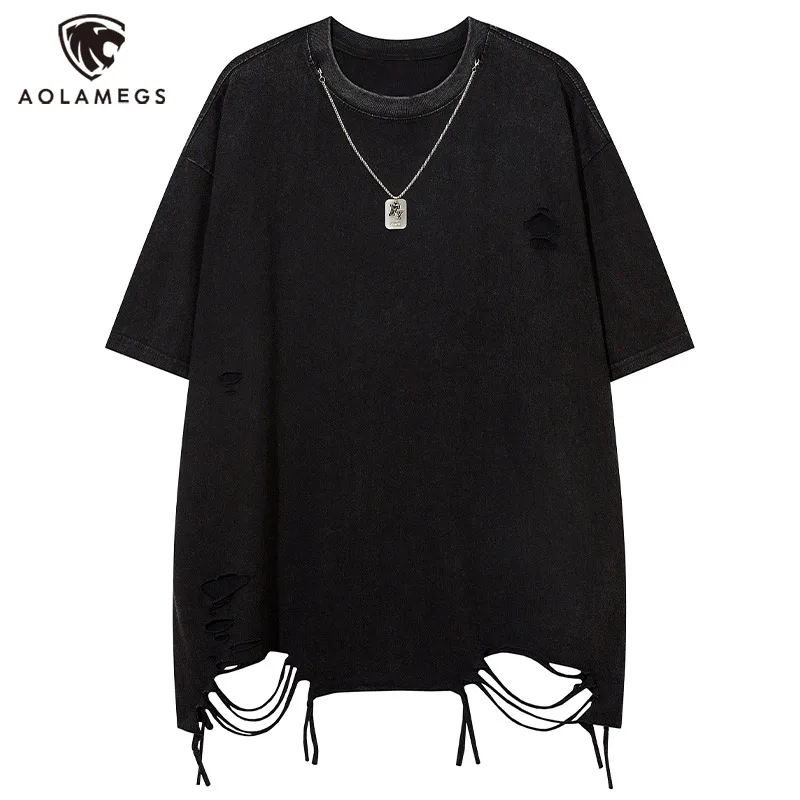 Men T Shirts Solid Ripped with Necklace T-shirt Harajuku Vintage Washed Loose Streetwear Oversized Hip Hop Simple Tee Tops