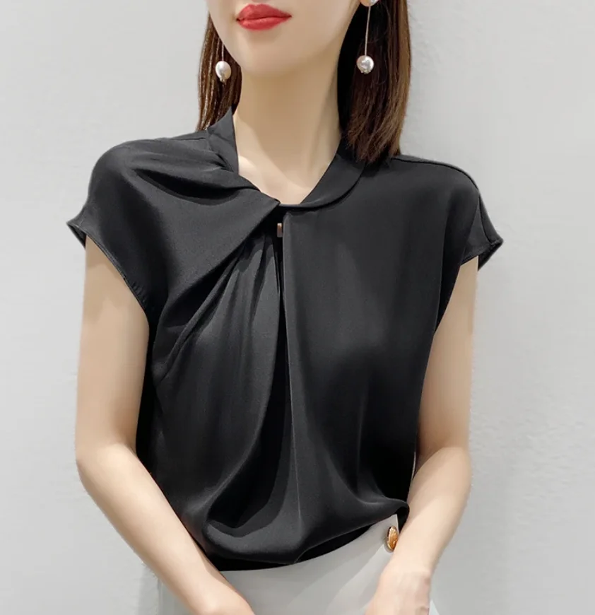 Women Acetate satin shirts,black white elegant wild office lday chiffon blouse artificial silk tops blusas de talla grande