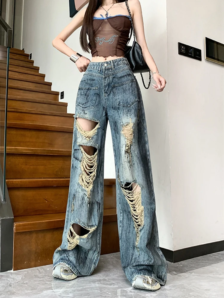 

Women Baggy Y2k Ripped Jeans Vintage Cowboy Pants Harajuku Oversize Denim Trousers Punk Trashy Japanese 2000s Style Clothes 2024