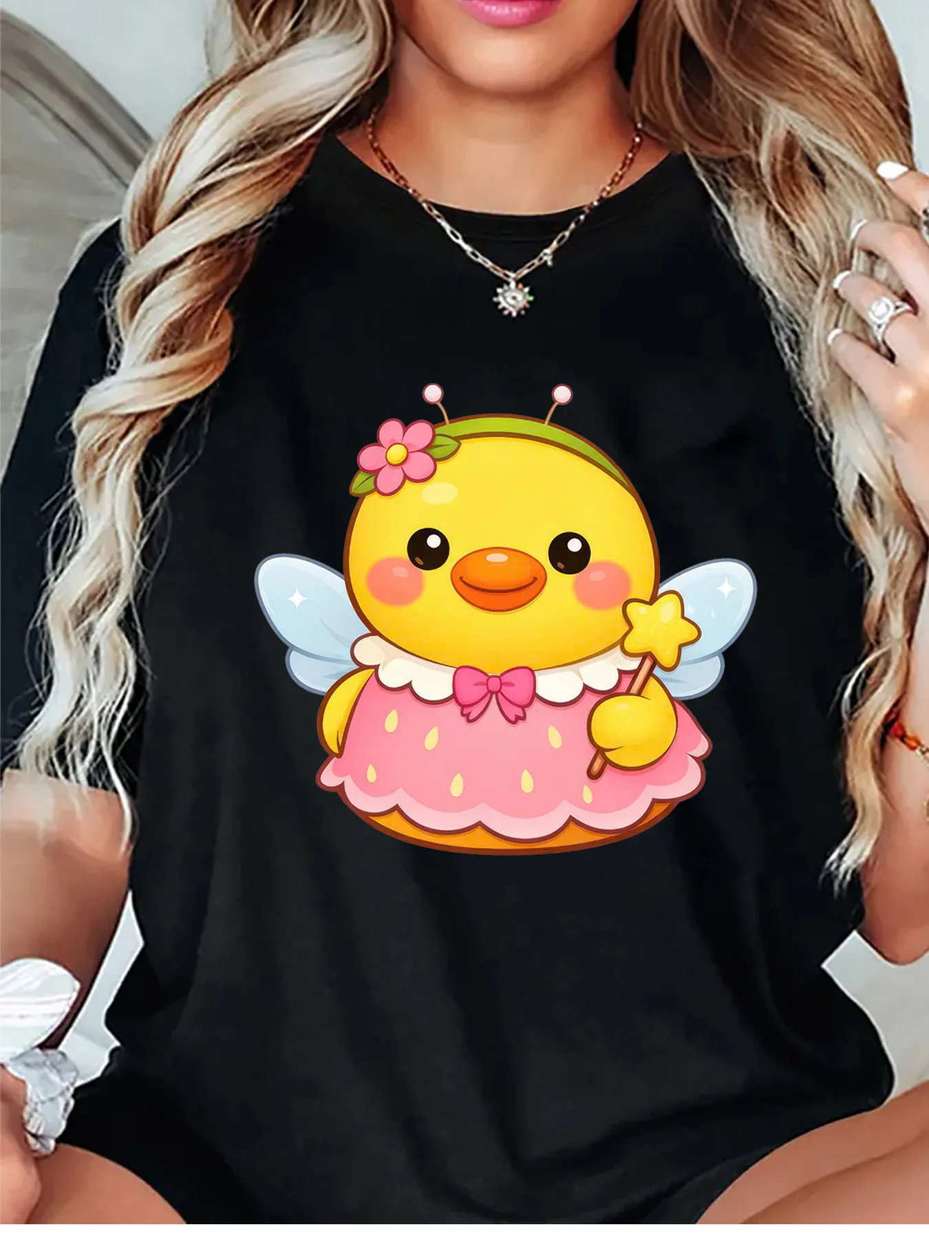 Cute Fairy Duck With Magic Wand Flower Graphic Womens T Shirt Short Sleeve Crew Neck Sweet Cartoon Casual Daily Ladies Tee Tops