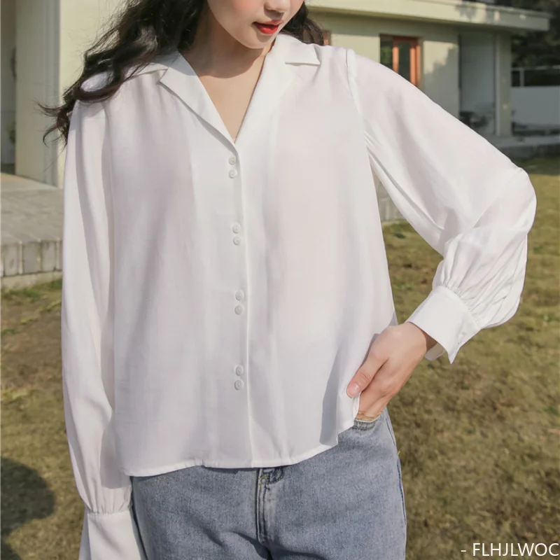 بلوزة بأزرار ورقبة على شكل حرف V ، قمصان بيضاء رسمية ، تصميم لطيف ، على الطراز الياباني والكوري ، سيدة المكتب ، أنيقة ، الخريف ،