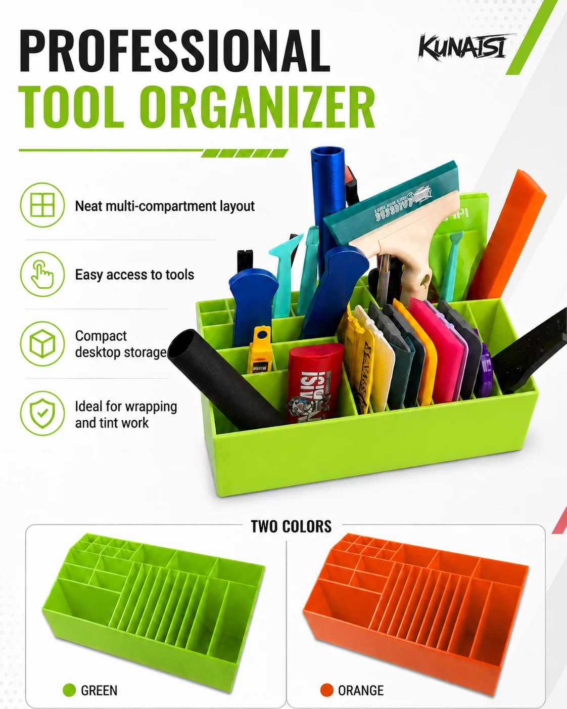 KUNAISI Auto-Folierungswerkzeug-Aufbewahrungsbox Mehrzweck-Organizer für Vinyl-Tönungsfolie Rakelklingen Werkzeuge Grün Orange – Detail 1