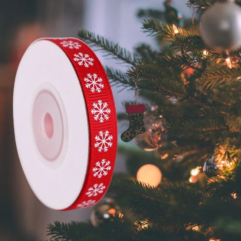 

R1WE 15 Rolls Snowflake Print Christmas Red Green Grosgrain Ribbon Roll for DIY Craft