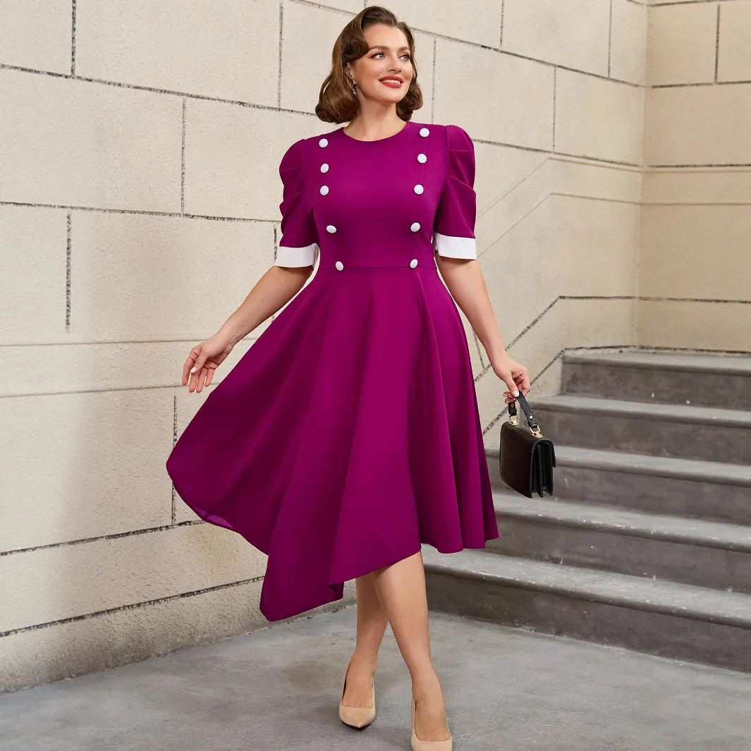 Am 050220 plus size bloco de cores em torno do pescoço a linha vestido de manga curta elegante festa cocktail vestido robe feminino festa