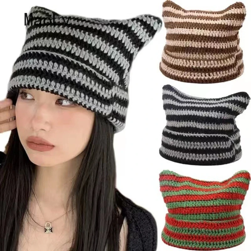 

Bucket Cap Women Winter Hand Knitted Hat Funny Ear Protection Warm Wool Tassel Couple Hat Christmas Hat Russian Designer Hat