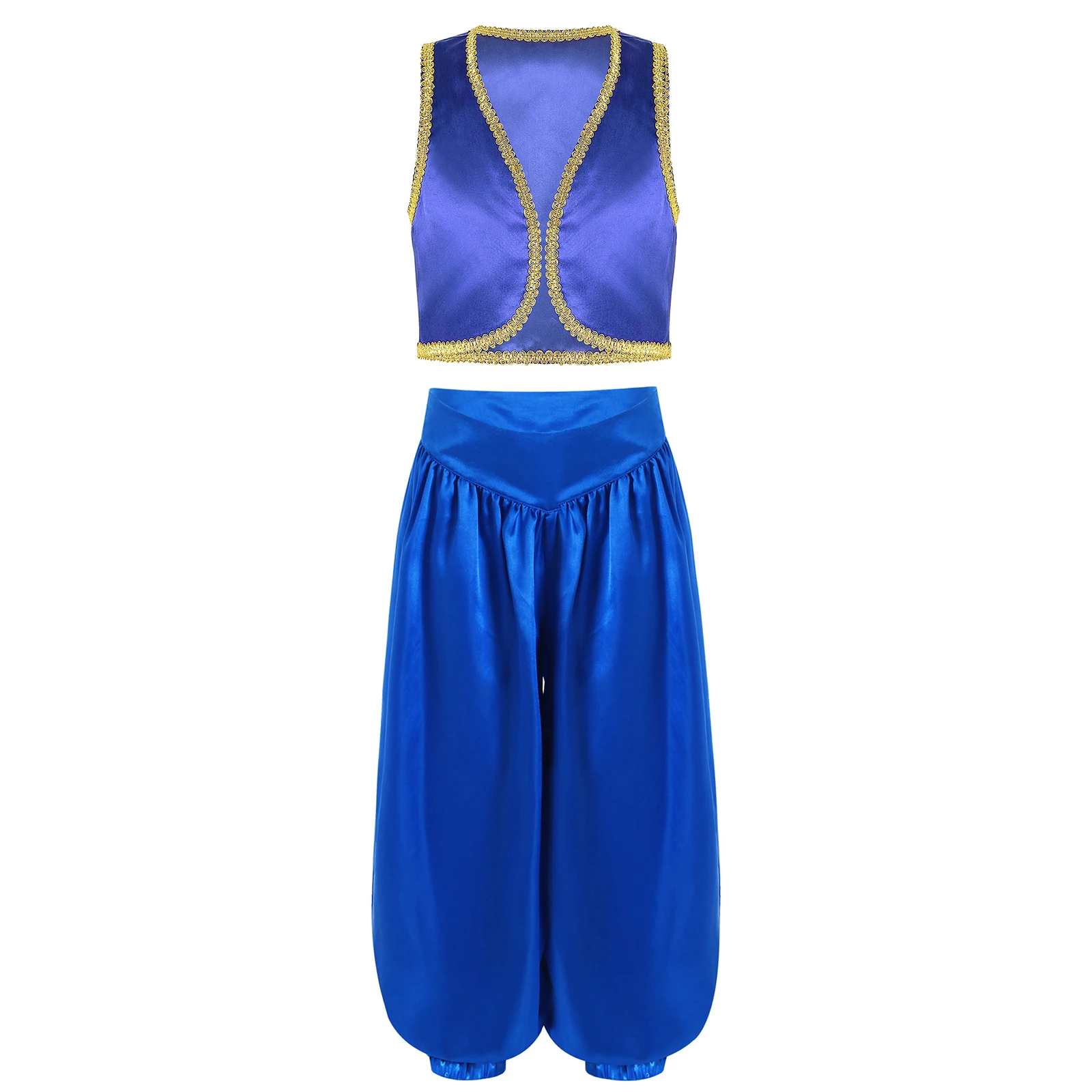 

Kid Boys Halloween Arabian Prince Fairytale Character Cosplay Costume Waistcoat Vest with Wide-Leg Satin Bloomers Pants Dress Up