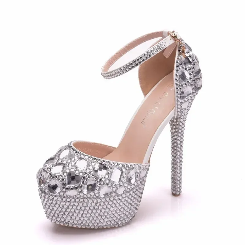 Sandálias de strass de toe redondo para mulheres, fivela, PU, saltos finos, festa, baile, prateado, moda, escritório, carreira, 14cm, 2023