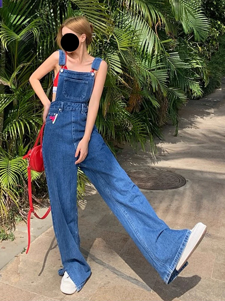 PBAP Vrouwen Denim Jumpsuit Solid Cleanfit Casual Losse Split Bib Pocket Verstelbare Bandjes Broek Algehele School Koreaanse Streetwear