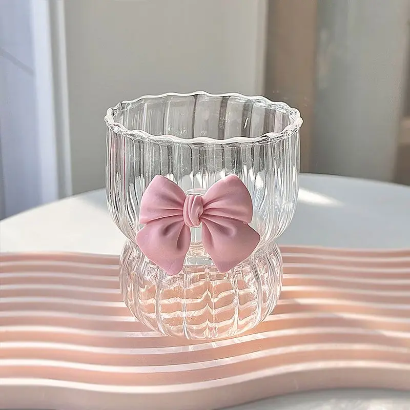 Clear Glass Coffee Mug Bow Decoration Water Cup Delicate Striped Glass Breakfast Milk Oatmeal Mug Afternoon Tea Flower Tea Cup