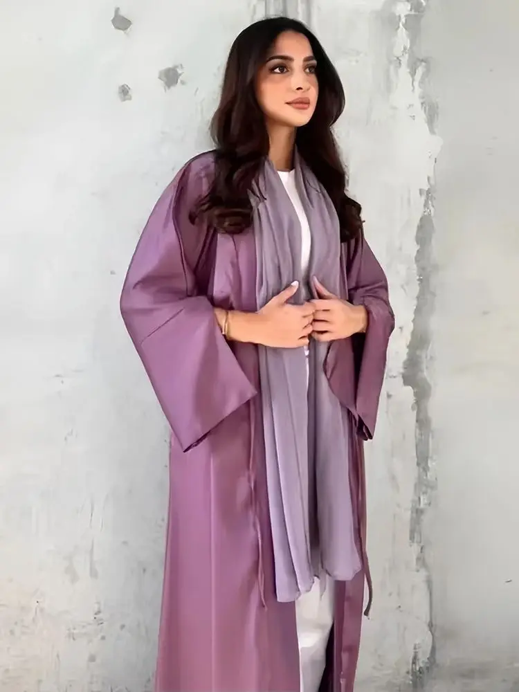 Meisje Moslim Palestine Kaftan Jurk Open Satijn Kimono Roze Abaya Vrouwen Dubai Kleding Kebaya Robe Kaftan Marocain Femme Musulmane