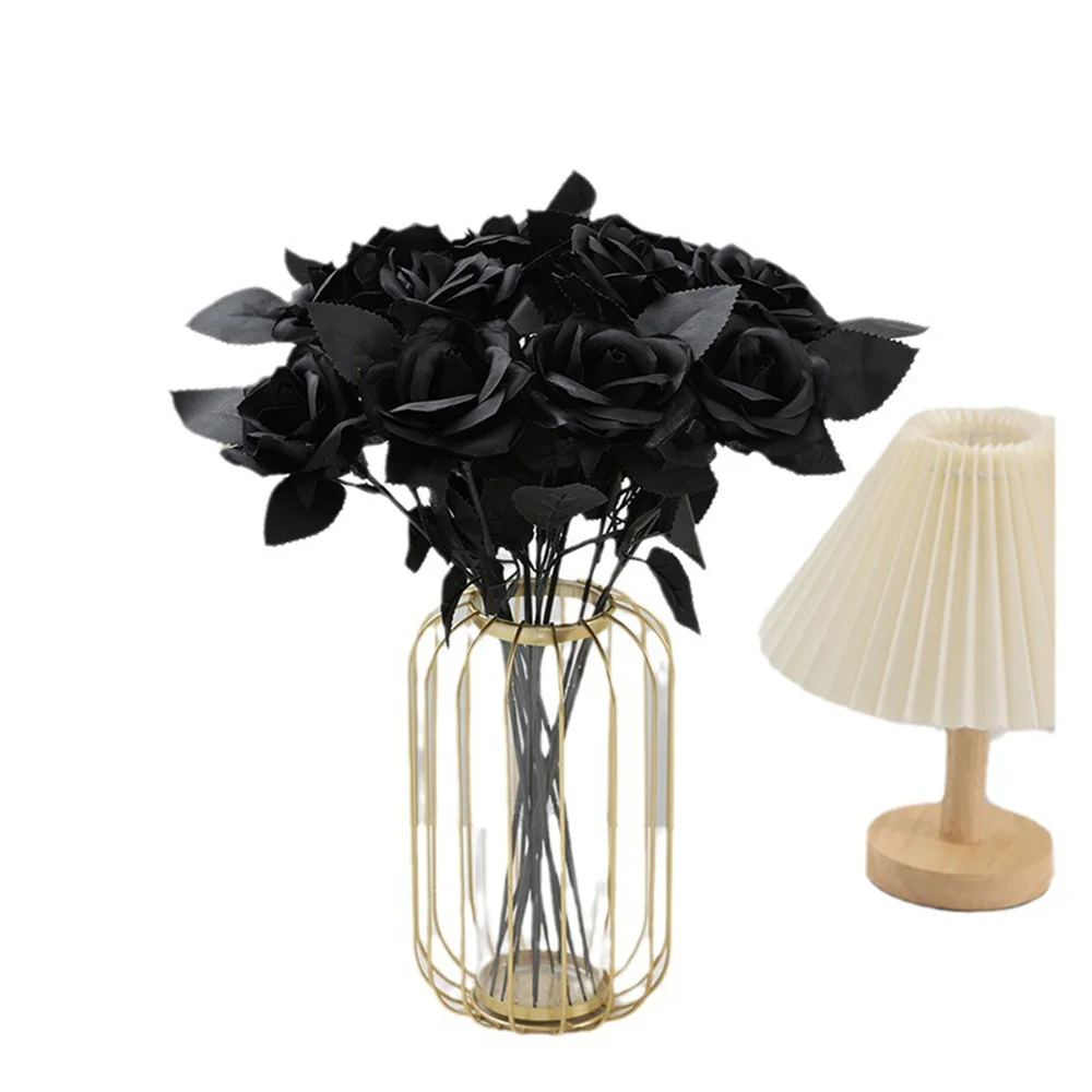 Flor Artificial de Rosa Negra para decoración del hogar, flor de simulación de alta calidad para interiores, para boda, 12 unidades