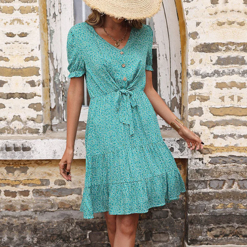 Le Luz – robe mi-longue à imprimé Floral pour femmes, tenue Vintage, verte, style Boho, col en v, à volants, manches bouffantes, 2XL, été