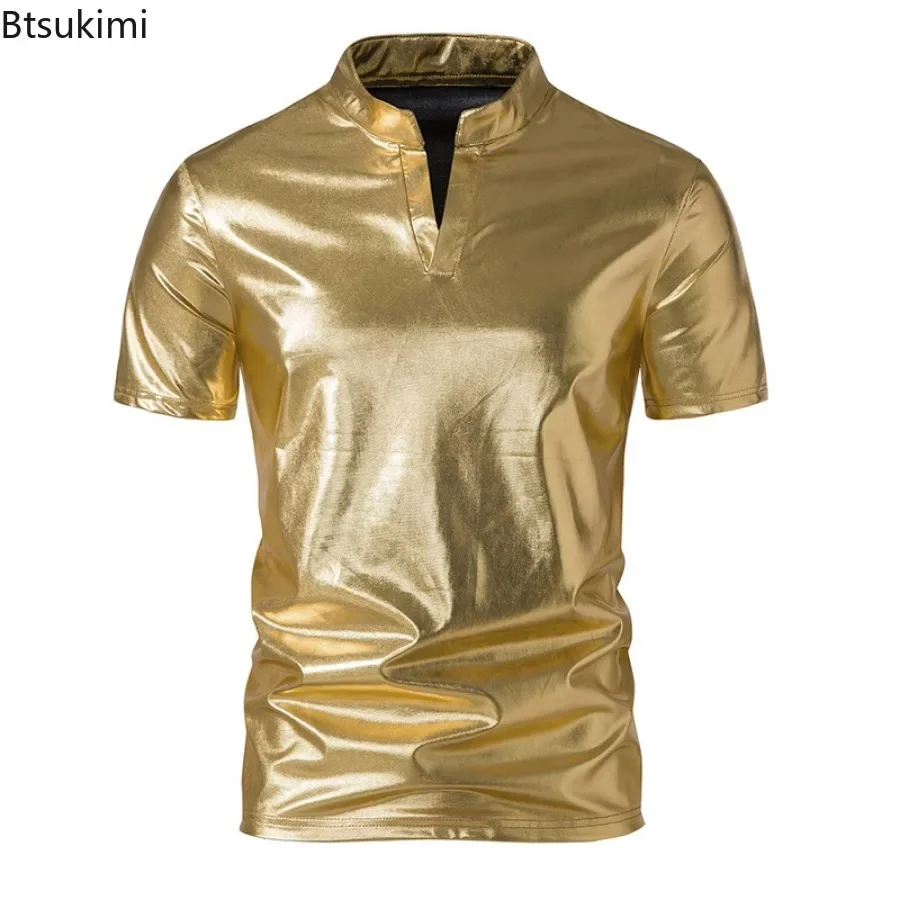 2026 Men\'s Hipster Glossy Short Sleeve T-shirt Trend Henry Collar 70s Disco Nightclub Party Tees New Men Hip Hop Tops Streetwear