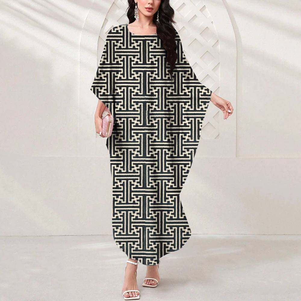 Summer Dubai Muslim Islamic Women's Abaya 2024 Ladies Party Dress Elegant Gold Square Print Long Skirt Batsleeve Abaya Dress