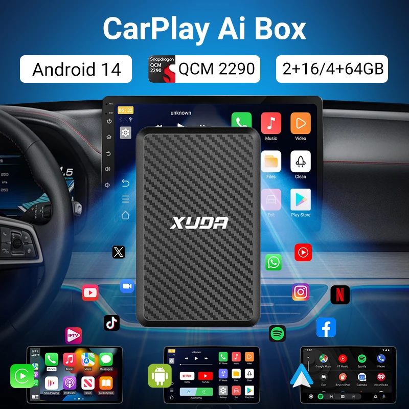 XUDA Android14 Wireless CarPlay & Android Auto 3in1 New Smart Ai Box Plug and Play 4 Cores 2GB+16GB/4GB+64GB Stable Transmission 