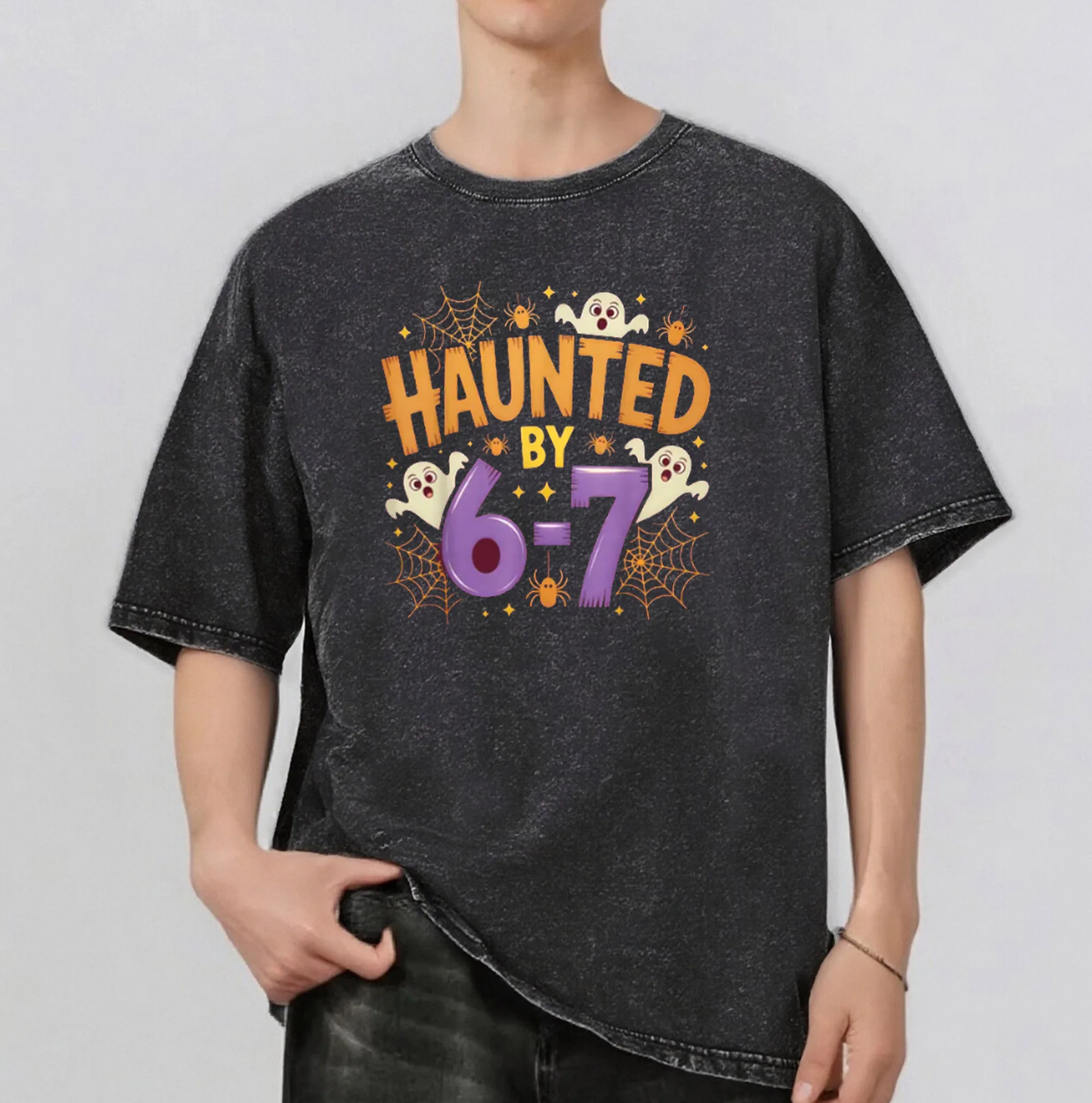 

Ghost Pattern Rint Men's Summer Retro Style Washed Water T-Shirt Casual Short Sleeved Basic Men's Top 230G