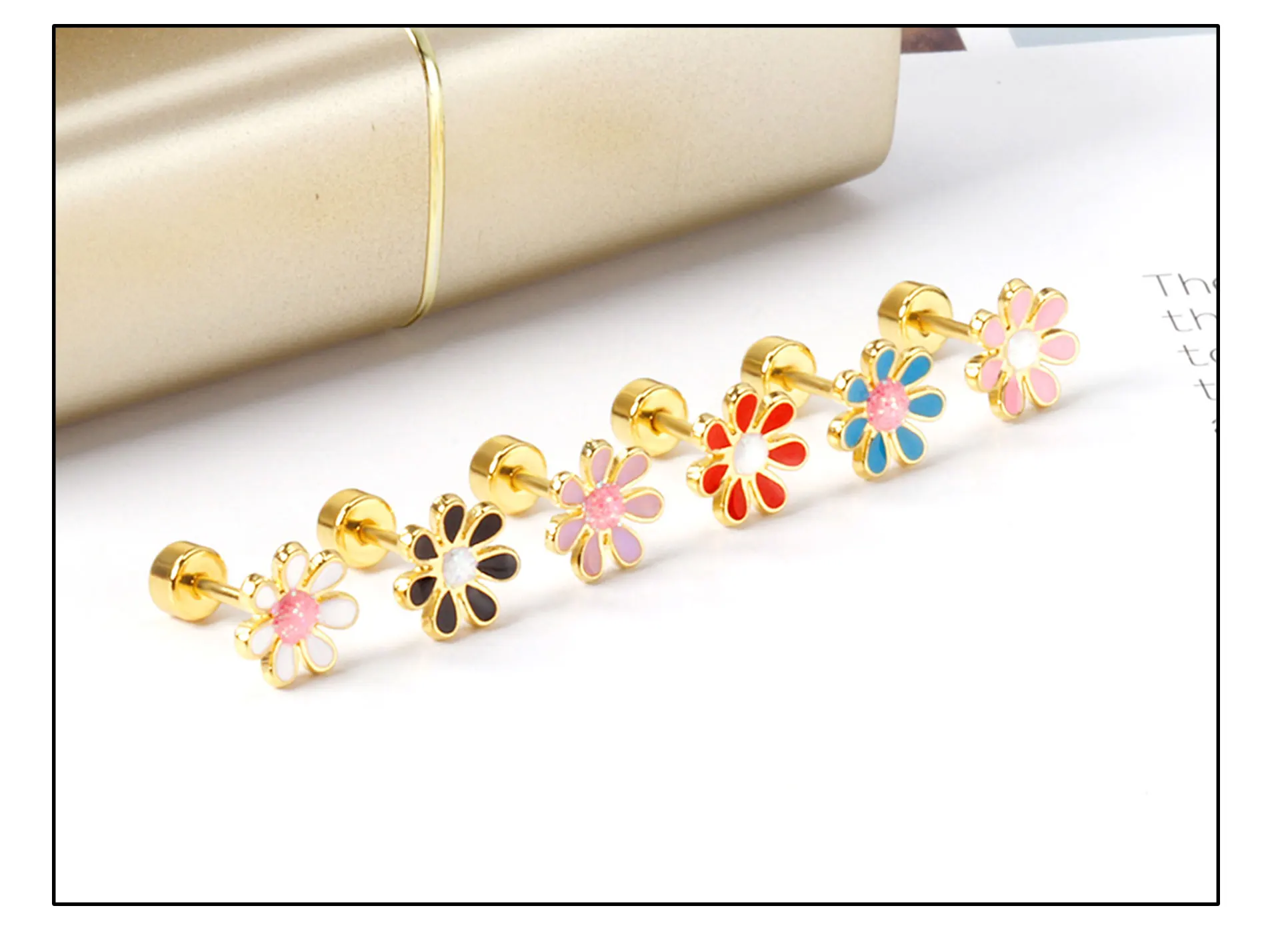12 Paare/schachtel Blume Gänseblümchen Edelstahl Ohrstecker mit Glitzer trendige süße hypoallergene lässige Ohrringe Schmuck Geschenk 2024 – Detail 7