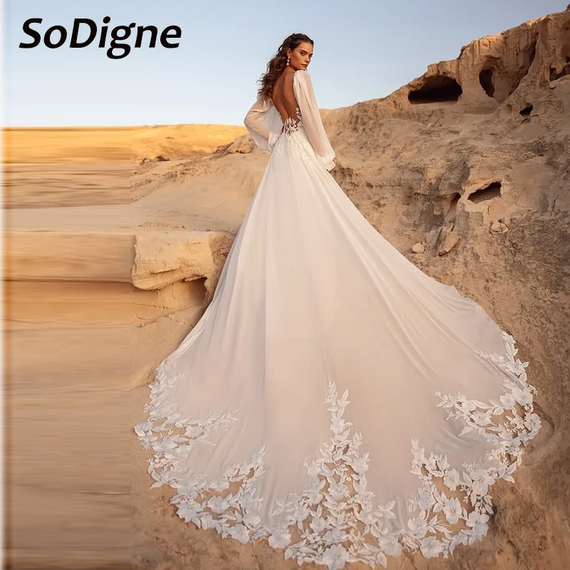 

SoDigne A-line Chiffon Beach Bride Dresses Full Sleeves V-neck Appliques Wedding Dress Bridal Gowns vestidos de novia Customized