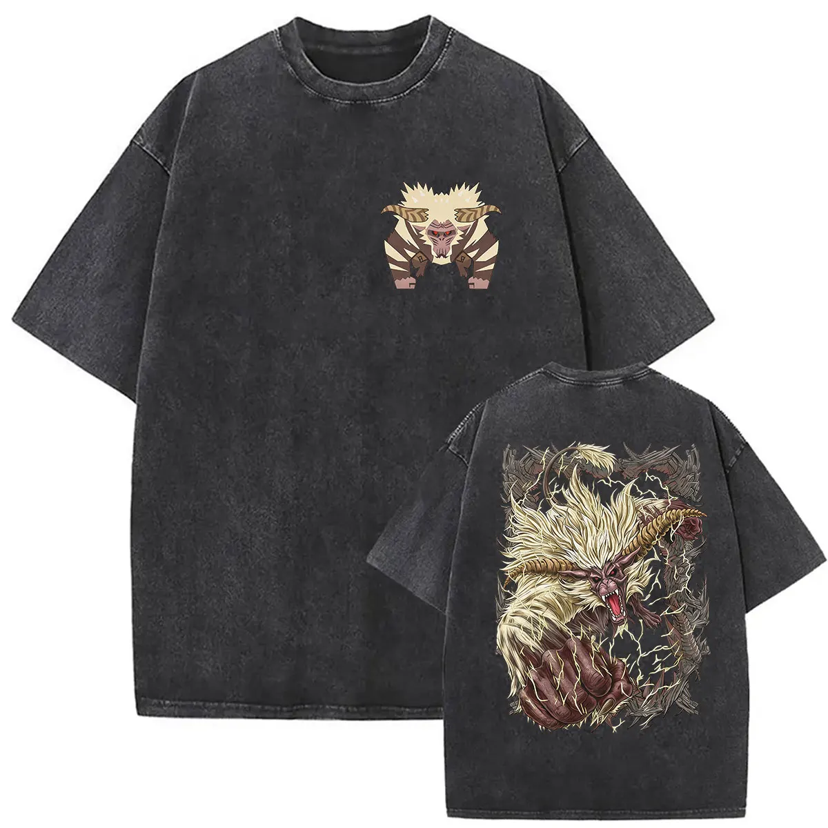 Gewaschenes Vintage Game Monster Hunter Rajang The Golden Grafik-T-Shirt für Herren, Gothic-Mode, Baumwolle, kurzärmeliges T-Shirt, Streetwear – Detail 2