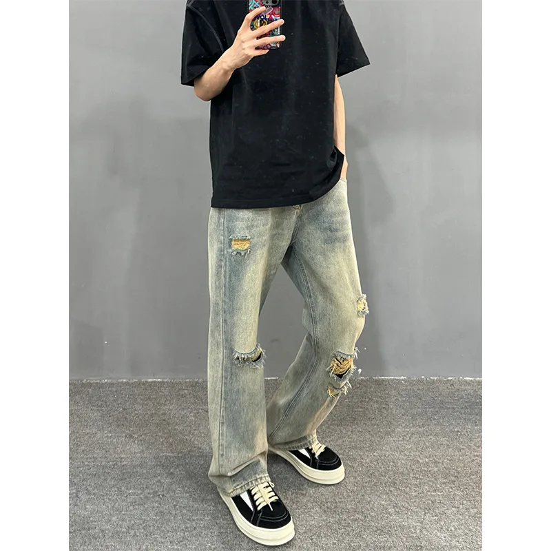 

High Street Washed Ripped Jeans Men's Summer Thin Pants Slim-fitting And Thin High-waisted Straight-leg Slightly Pulled Trousers