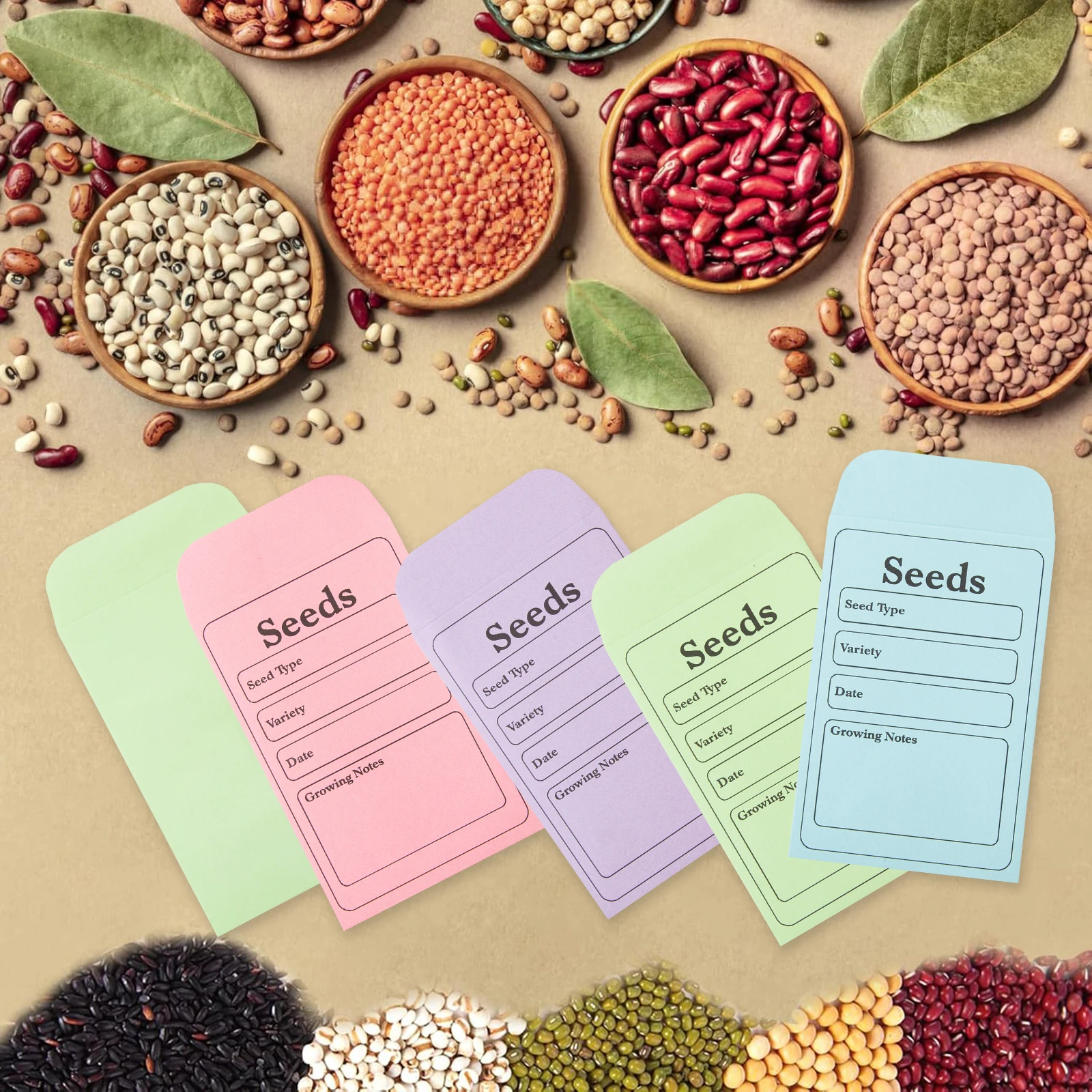 

50PCS Colored Seed Envelopes with Pre Printed Collection Templates Sealable Self-Adhesive Storage Envelopes for Gardening