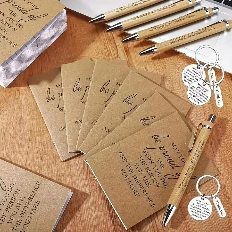 24pcs/6sets Includes Bamboo Pens,Pocket Motivational Notebooks,Inspirational Keychains,Gift Bags Suitable Gifts Holiday Presents