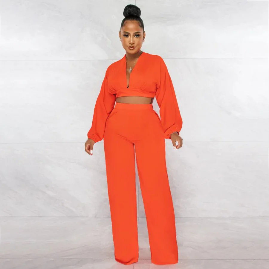 Women Casual Set Sexy Midriff-baring Backless V-neck Tops+Wide Leg Pants 2 Piece Tracksuit Streetwear Sport Suit 2024 Autumn New