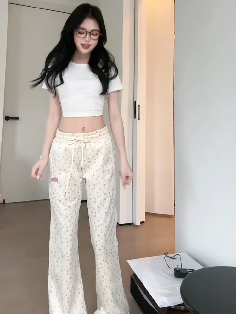 Pantaloni casual micro svasati con stampa floreale Sweet Sister Primavera Autunno da donna Dimagranti Taglia piccola Vita alta Drapey Sport Wide Le...