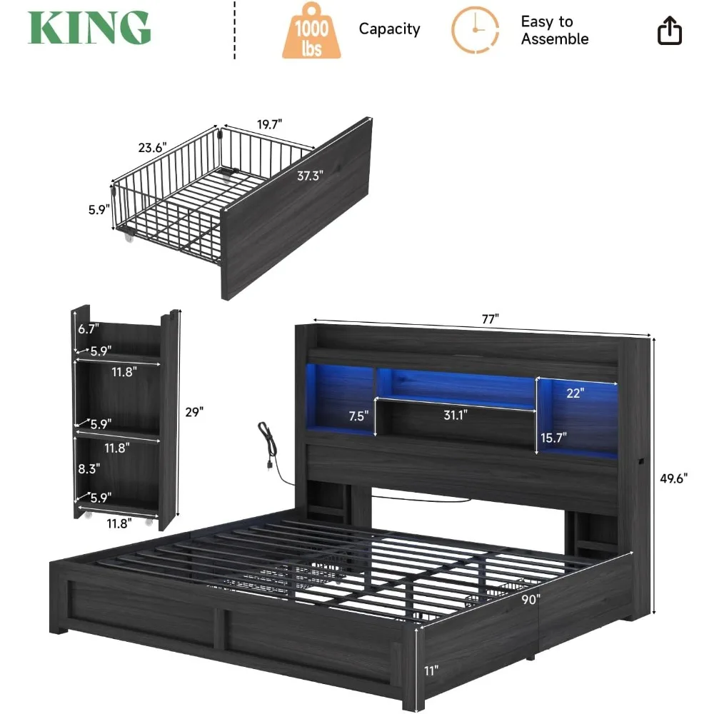 Каркас кровати размера «king-size» с 4 ящиками для хранения вещей, изголовьем книжного шкафа высотой 49,6 дюйма, с зарядной станцией, светодиодный каркас кровати