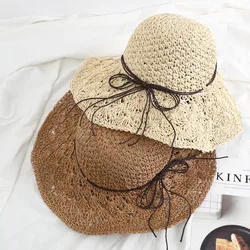 New Women Casual Travel Supply Sun Protection Beach Hat Raffia Straw Hat Bowknot Rope Decoration Straw Hat