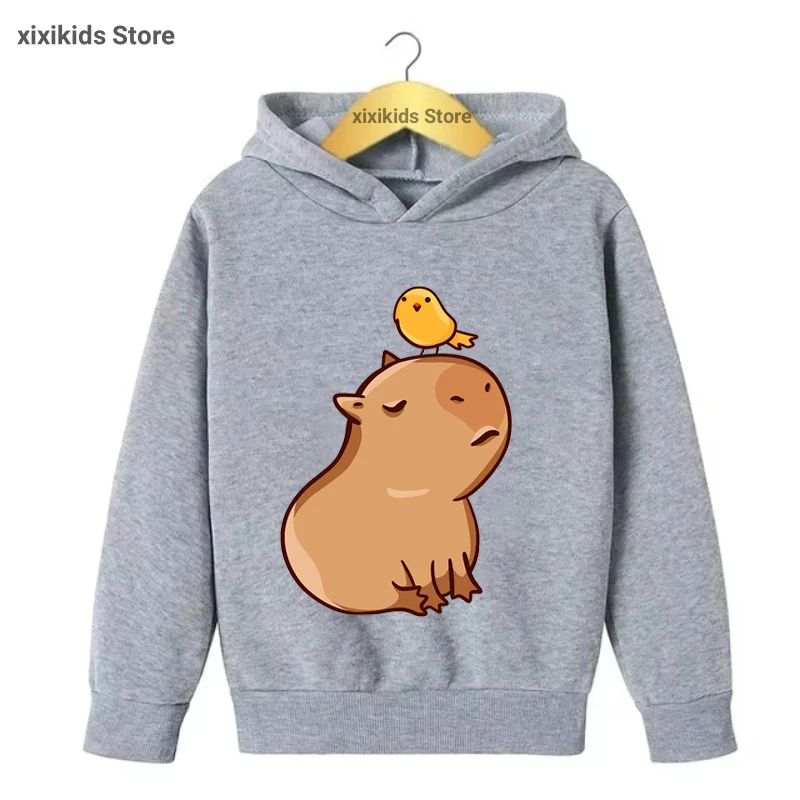 Cute Capybara Loves Juice Printed Cap Hoodies Girls/Boys Kawaii Kids Clothes Spring/Autumn/ Winter Plus Velvet Sweastshirt Tops