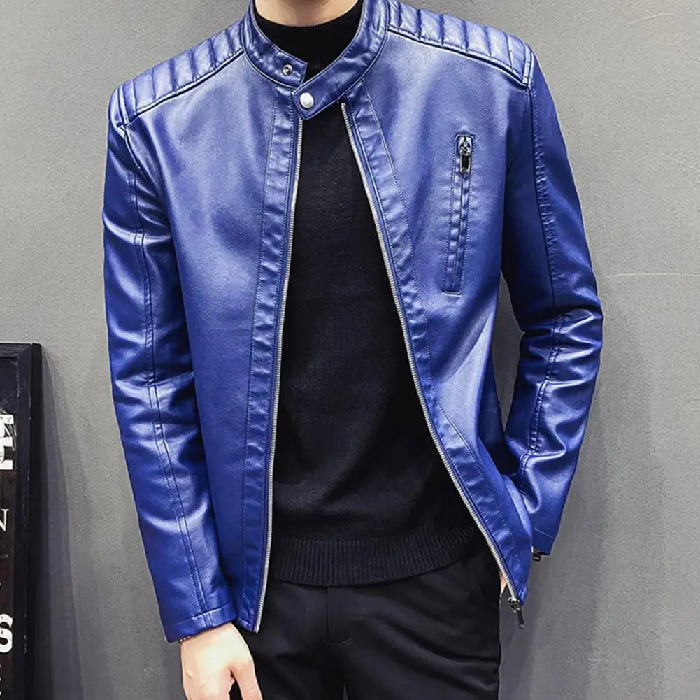 Men Motorcycle Jacket Zipper Closure Long Sleeve Solid Color Stand Collar Streetwear Faux Leather Korean Style Coat for Riding