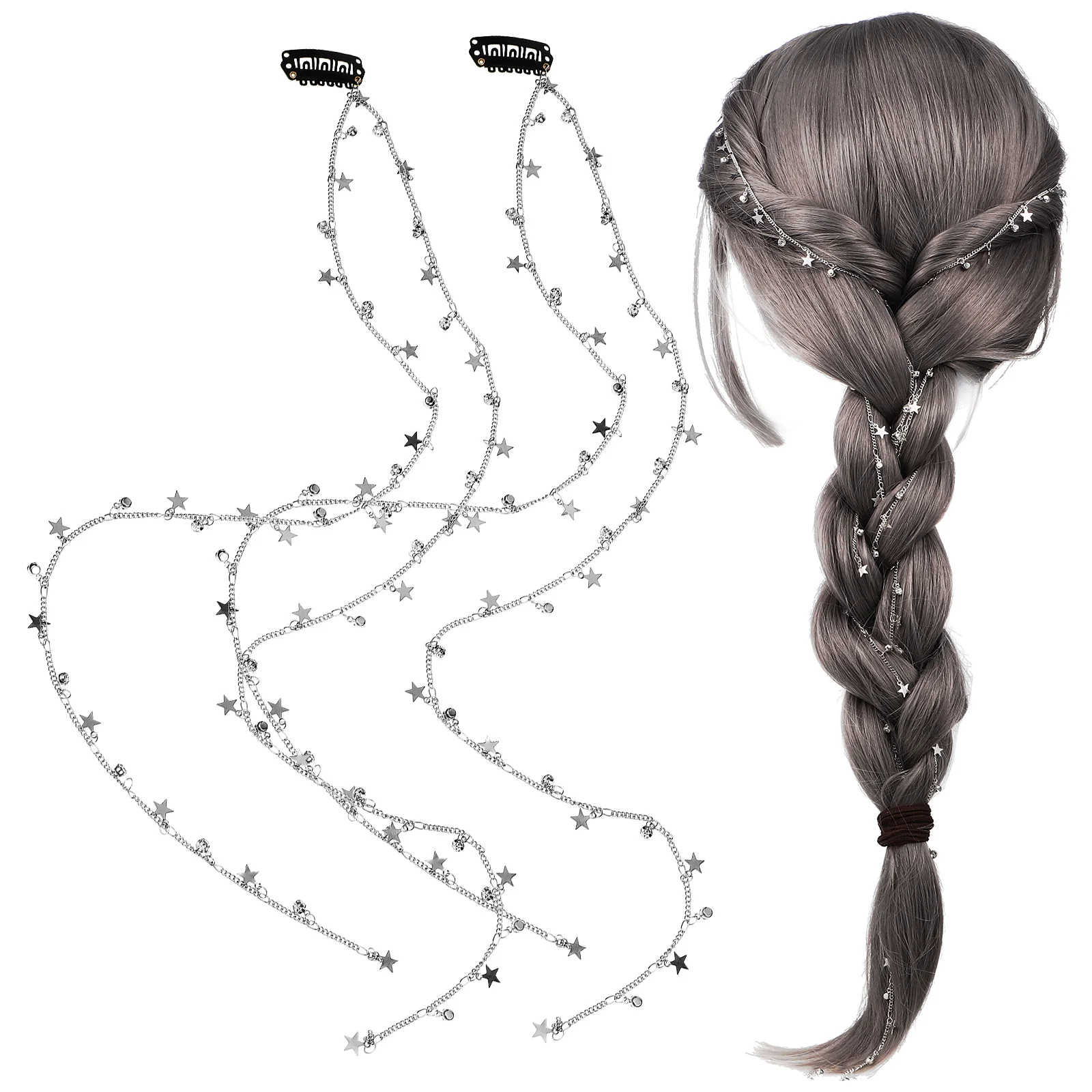 

2 Pcs Star Pendant Braided Hair Chain 2pcs Clips for Tassel Girls Accessories Candy Chains Alloy Women Bride