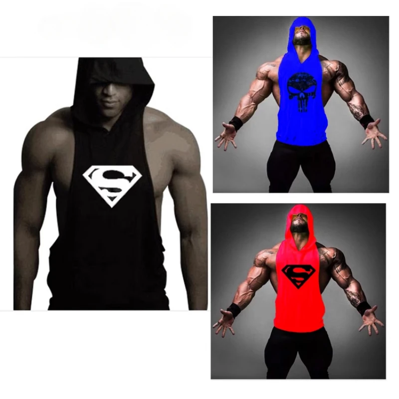 New Breathable Fabric Bodybuilding Hooded Vest Trendy Summer Fitness Physical Sweat Hooded Gym Vest Tank Top Men