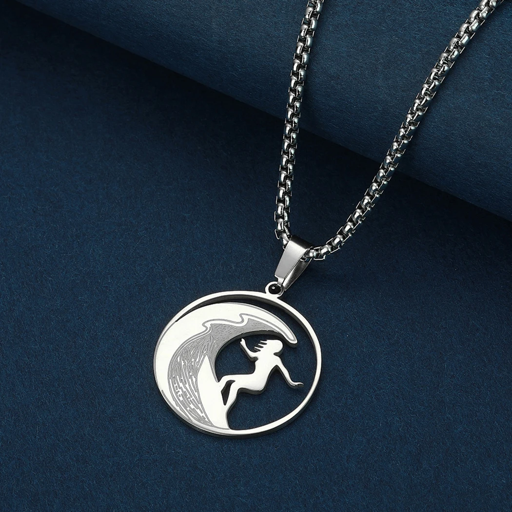 Stainless Steel Surfer Girl Pendant Necklace for Men Women Surfer on Wave Charm Chain Summer Beach Surfing Hobby Jewelry Gift