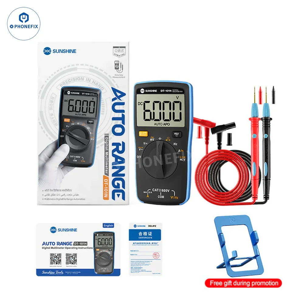 

SUNSHINE DT-101N Digital Multimeter Auto-range Voltage Current Capacitance Ohm Diode Tester for Phone Repair High Precision Tool