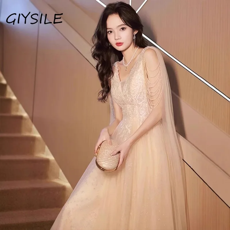 

GIYSILE Banquet Evening Dress Female High-grade V-neck A-line Skirt with Open Back and High Waist Formal Dress Women Elegant