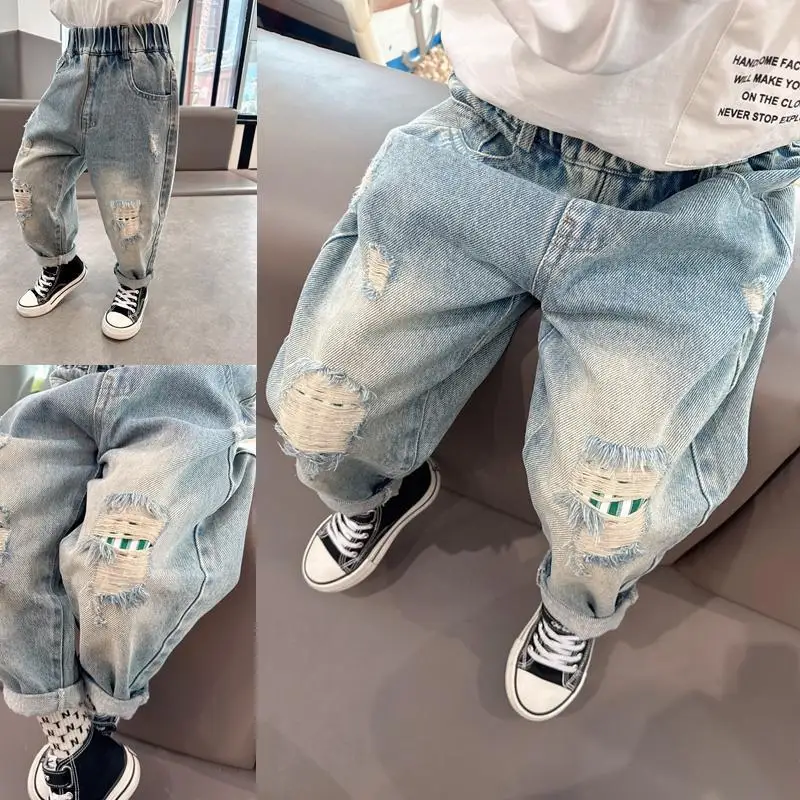 Spring and Autumn Baby Boys' Broken Hole Soft Jeans New Children's Casual Pants Kids Trousers