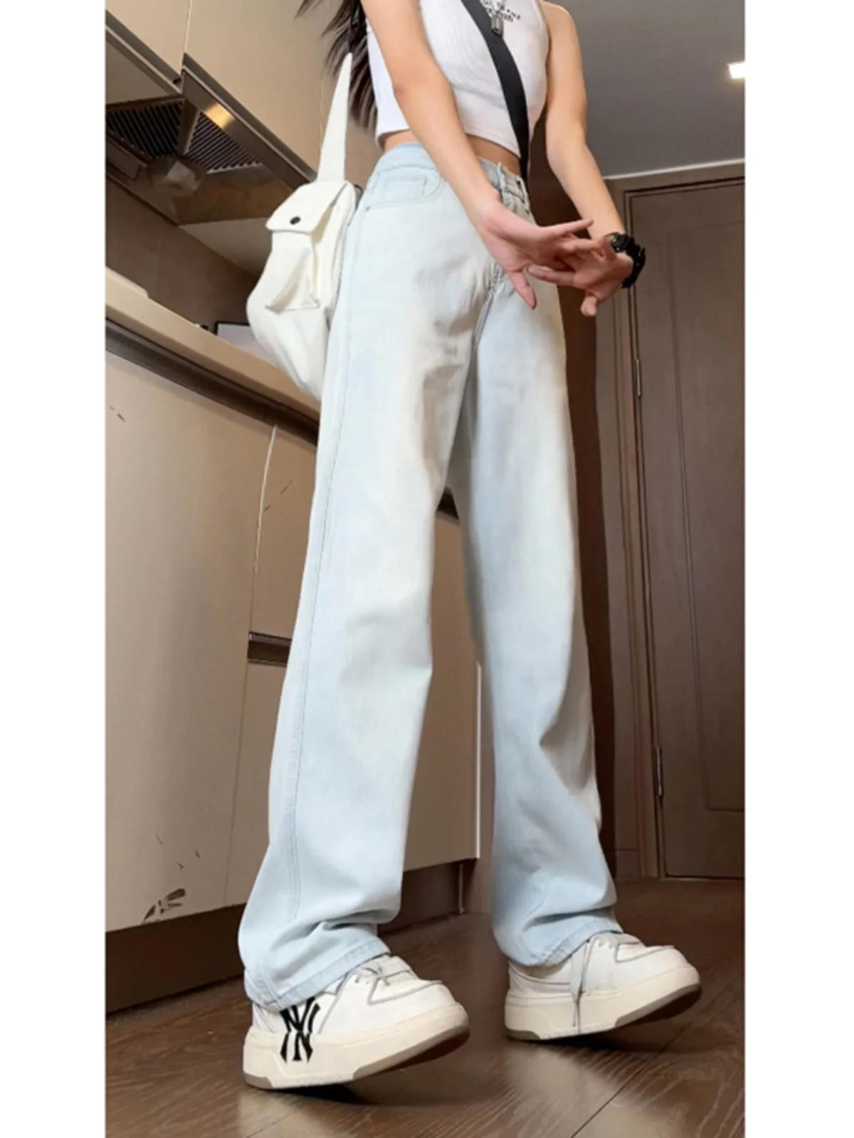 

Blue Ice Silk Jeans Men Belt Style Teenagers Trendy Pants Cleanfit Straight Leg Slimming Capri Length Cotton Lyocell Blend