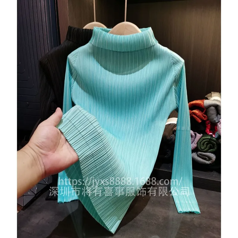 Miyake Pleated Solid Color Long-sleeved T-shirt Stand-up Collar Slim Fall Winter New Simple Commuter Bottoming Shirt Top Women's