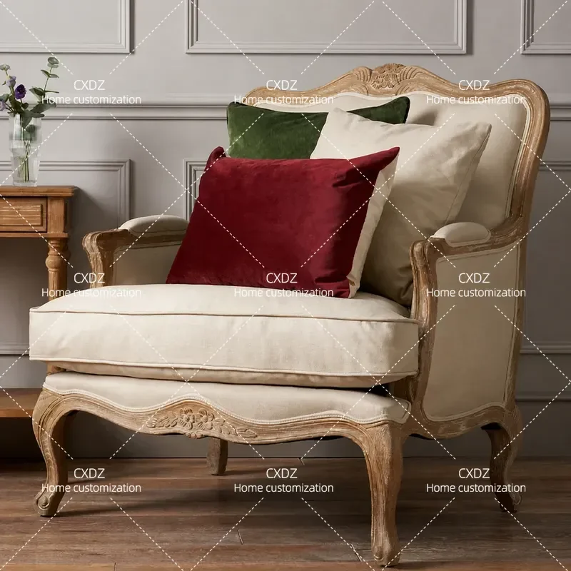 Rural Solid Wood Single Chair Carved Sofa Chair for Small Apartment Living Room Retro Balcony Simple Leisure Armchair