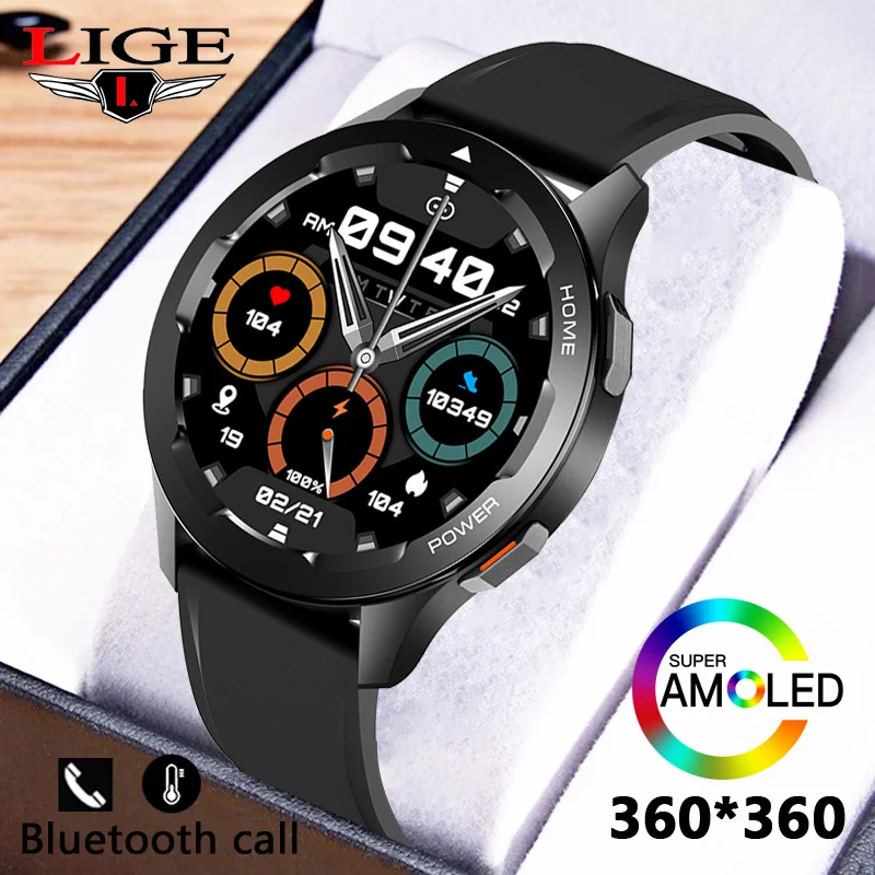 LIGE NFC Smart Watch Men AMOLED Screen Sports Fitness Bluetooth Call Digital Watch Temperature AI Voice Assistant Smartwatch Men